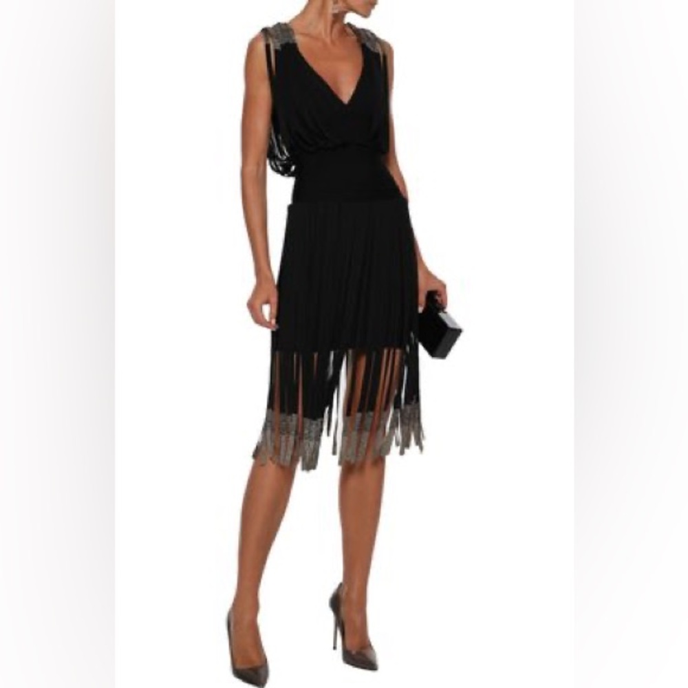 Herve Leger Kym Open-back Fringed Bandage Dress In Black (M)